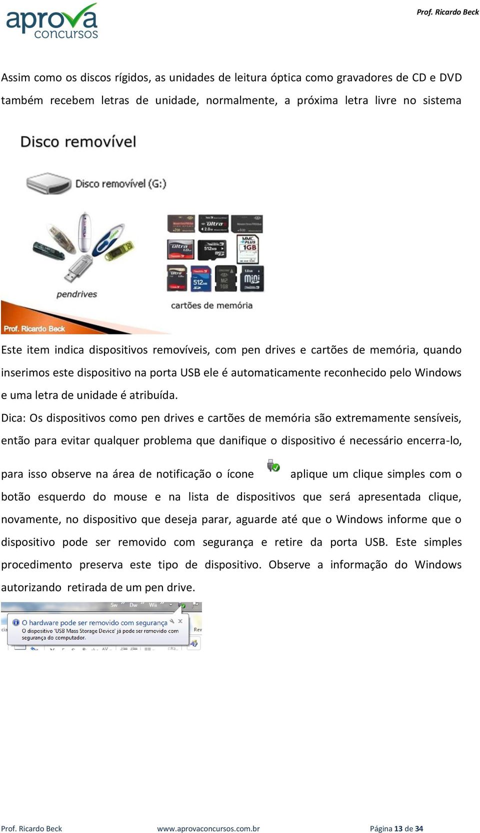 Dica: Os dispositivos como pen drives e cartões de memória são extremamente sensíveis, então para evitar qualquer problema que danifique o dispositivo é necessário encerra-lo, para isso observe na