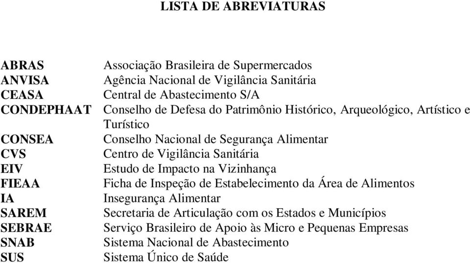 Sanitária EIV Estudo de Impacto na Vizinhança FIEAA Ficha de Inspeção de Estabelecimento da Área de Alimentos IA Insegurança Alimentar SAREM Secretaria de