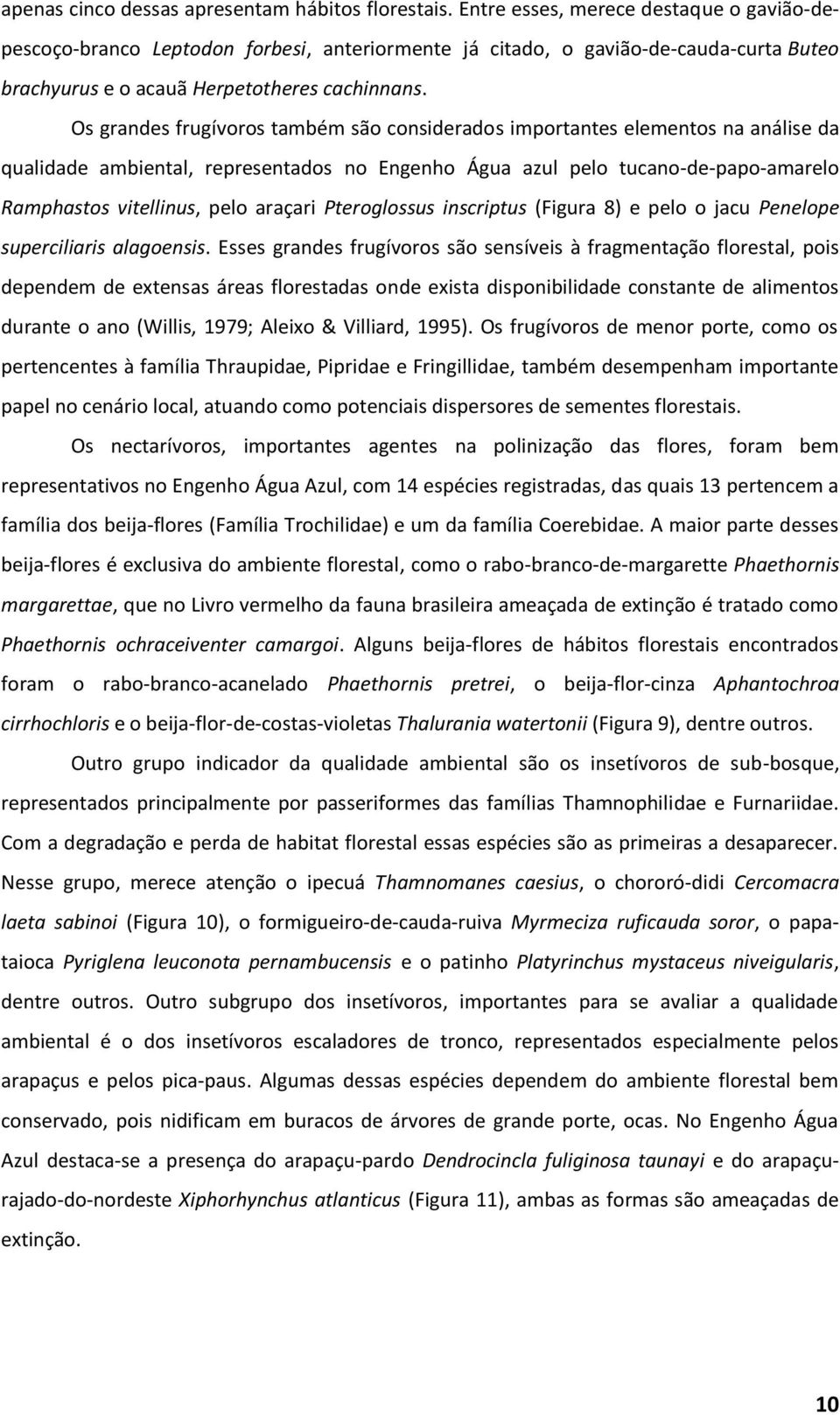 Os grandes frugívoros também são considerados importantes elementos na análise da qualidade ambiental, representados no Engenho Água azul pelo tucano-de-papo-amarelo Ramphastos vitellinus, pelo