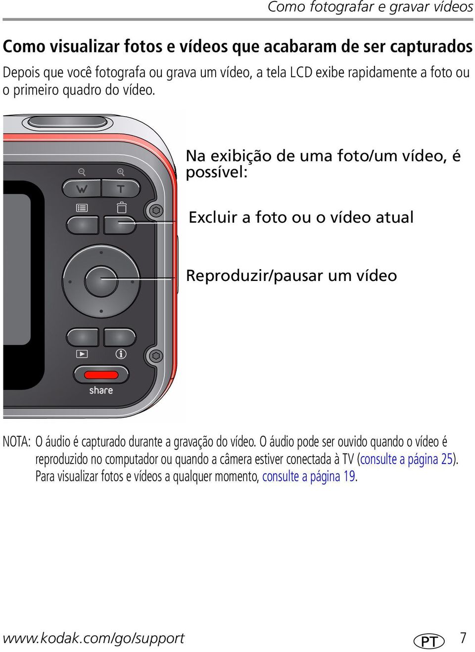 Na exibição de uma foto/um vídeo, é possível: Excluir a foto ou o vídeo atual Reproduzir/pausar um vídeo NOTA: O áudio é capturado durante a gravação