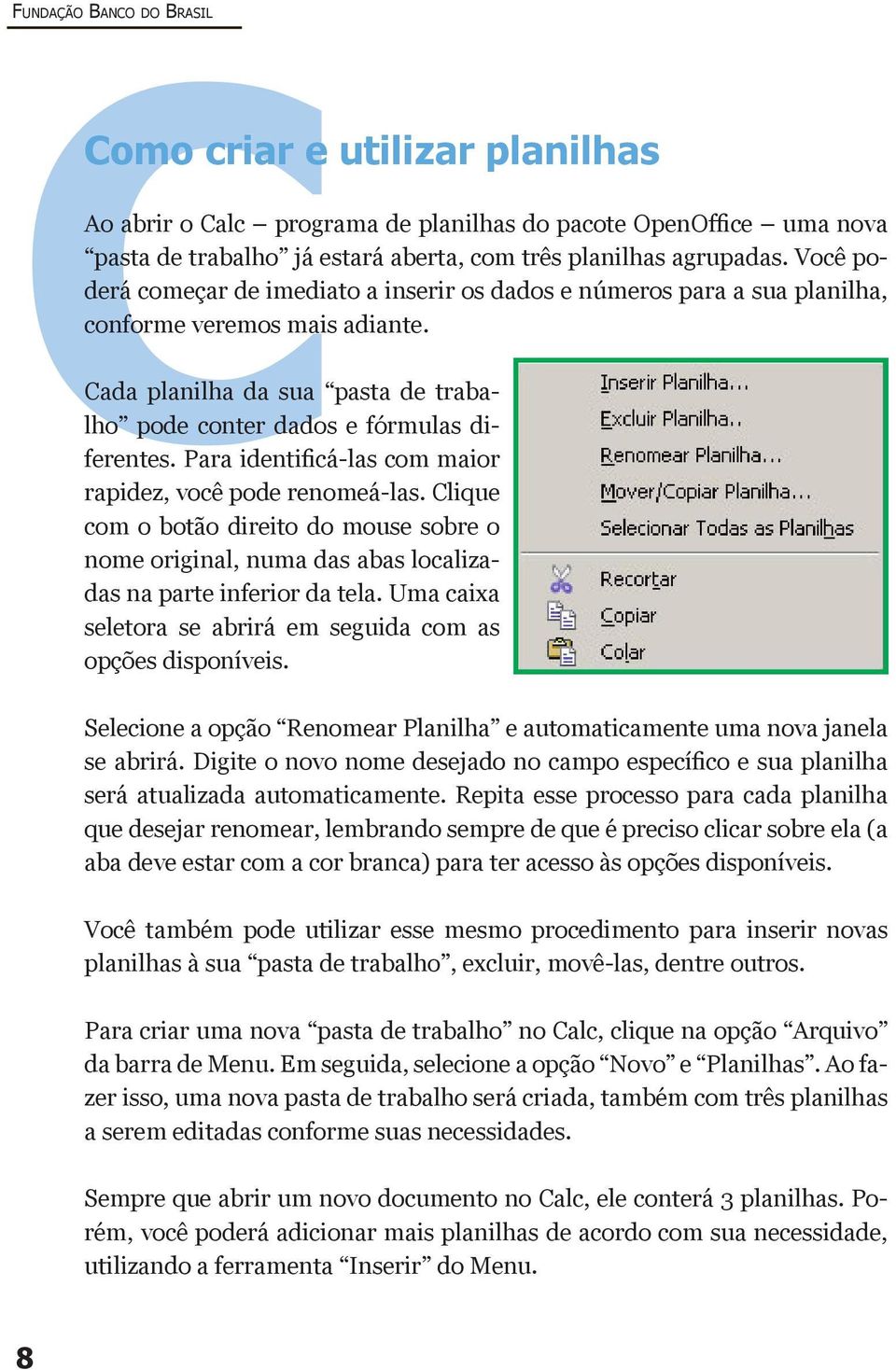 Para identificá-las com maior rapidez, você pode renomeá-las. Clique com o botão direito do mouse sobre o nome original, numa das abas localizadas na parte inferior da tela.