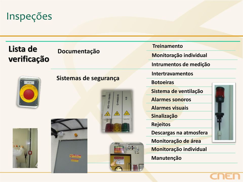 Botoeiras Sistema de ventilação Alarmes sonoros Alarmes visuais Sinalização