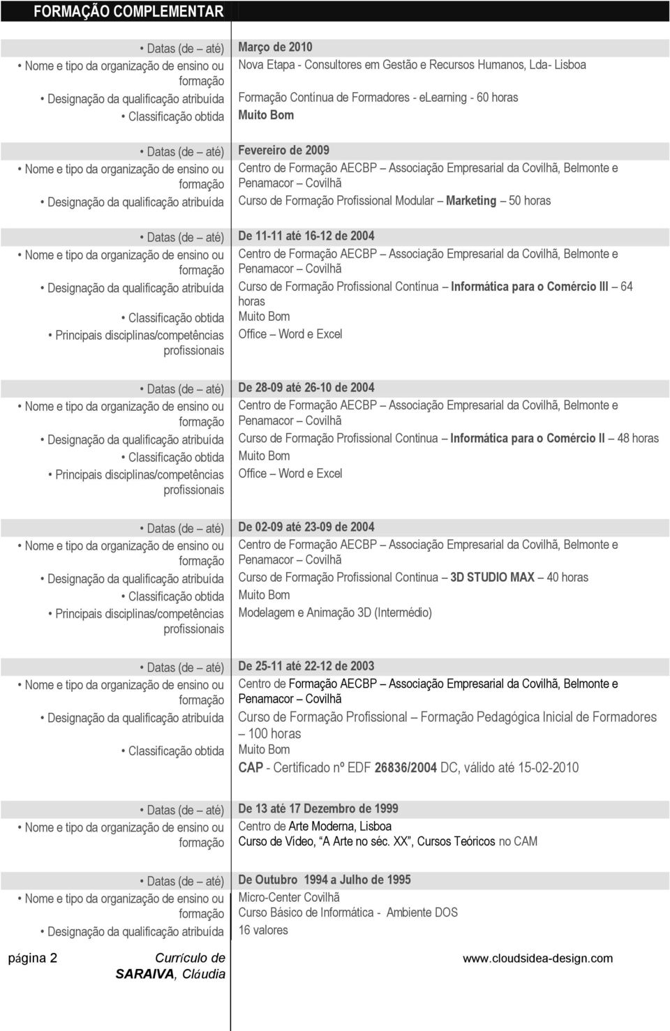 Profissional Modular Marketing 50 horas Datas (de até) De 11-11 até 16-12 de 2004 Centro de Formação AECBP Associação Empresarial da Covilhã, Belmonte e Penamacor Covilhã Designação da qualificação