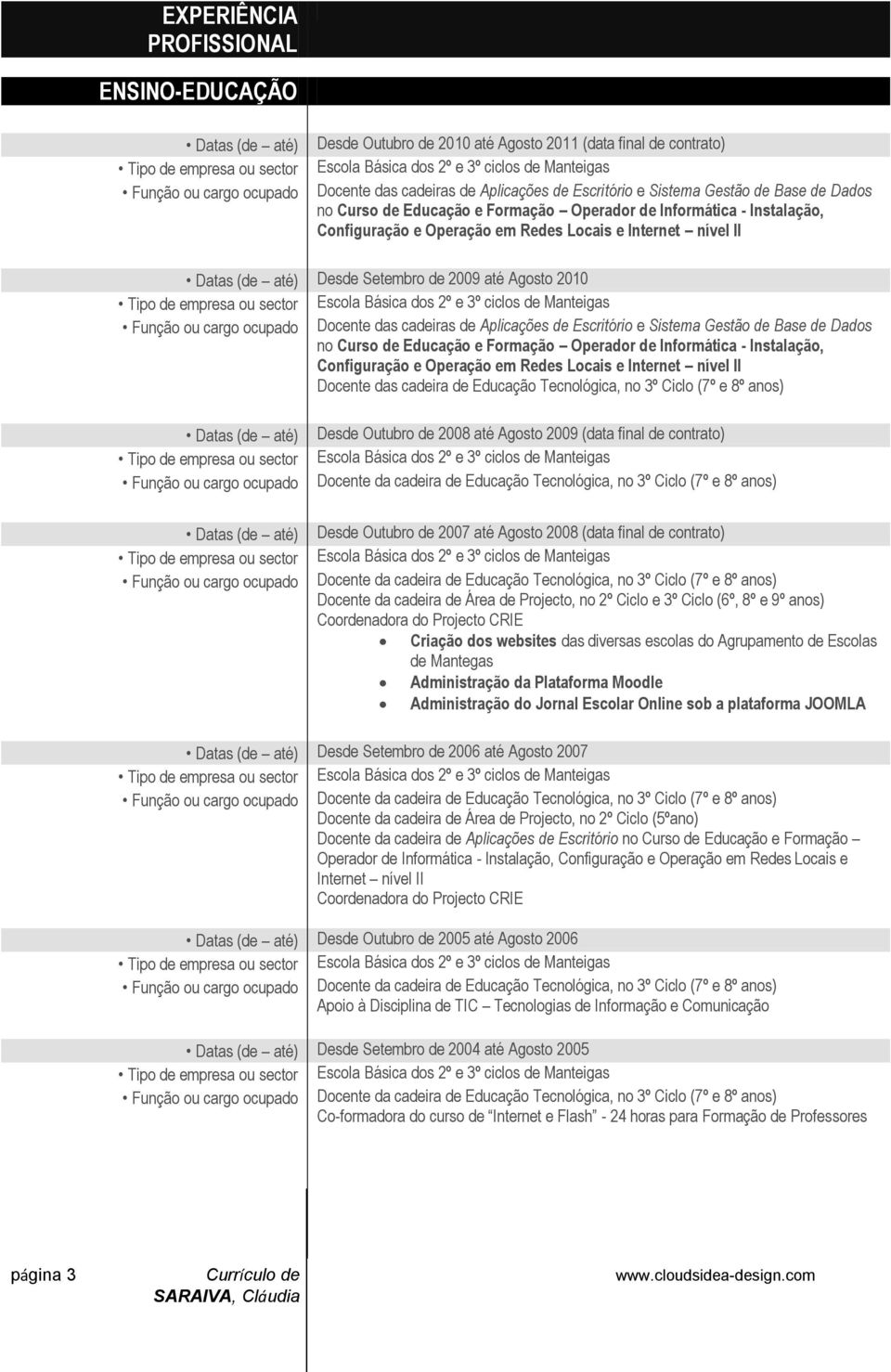 nível II Datas (de até) Desde Setembro de 2009 até Agosto 2010 Escola Básica dos 2º e 3º ciclos de Manteigas Função ou cargo ocupado Docente  nível II Docente das cadeira de Educação Tecnológica, no