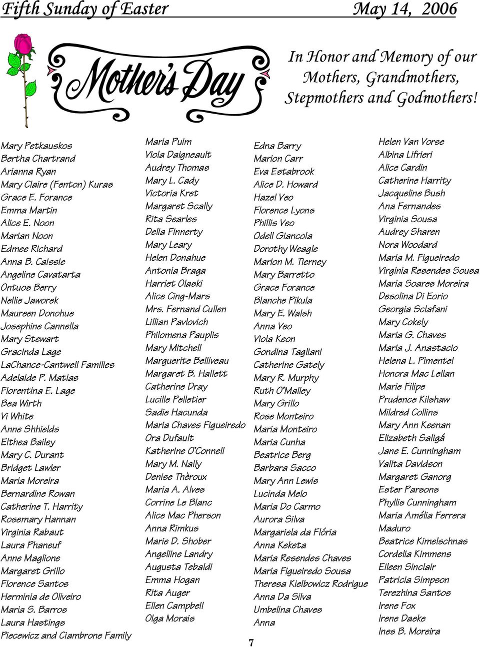 Caissie Angeline Cavatarta Ontuos Berry Nellie Jaworek Maureen Donohue Josephine Cannella Mary Stewart Gracinda Lage LaChance-Cantwell Families Adelaide P. Matias Florentina E.