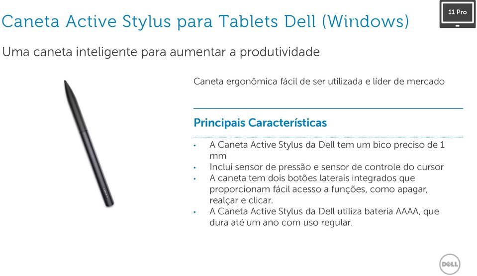 pressão e sensor de controle do cursor A caneta tem dois botões laterais integrados que proporcionam fácil acesso a