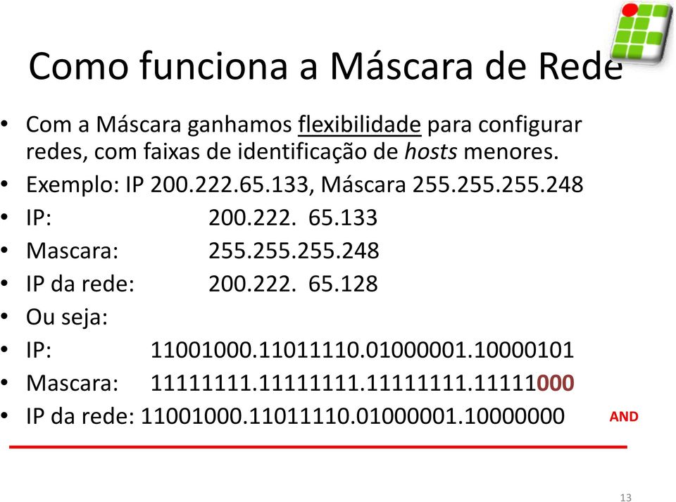 133 Mascara: 255.255.255.248 IP da rede: 200.222. 65.128 Ou seja: IP: 11001000.11011110.01000001.
