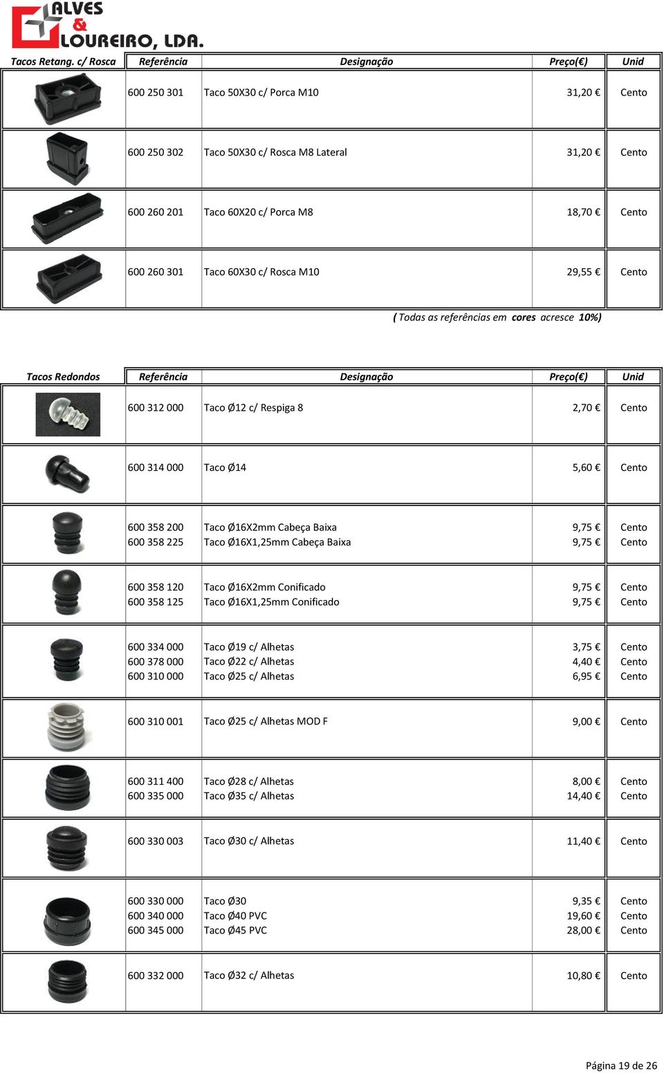29,55 Cento ( Todas as referências em cores acresce 10%) Tacos Redondos 600 312 000 Taco Ø12 c/ Respiga 8 2,70 Cento 600 314 000 Taco Ø14 5,60 Cento 600 358 200 Taco Ø16X2mm Cabeça Baixa 9,75 Cento