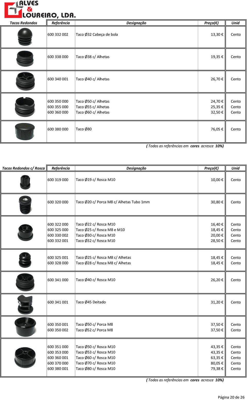 Taco Ø19 c/ Rosca M10 10,00 Cento 600 320 000 Taco Ø20 c/ Porca M8 c/ Alhetas Tubo 1mm 30,80 Cento 600 322 000 Taco Ø22 c/ Rosca M10 16,40 Cento 600 325 000 Taco Ø25 c/ Rosca M8 e M10 18,45 Cento 600