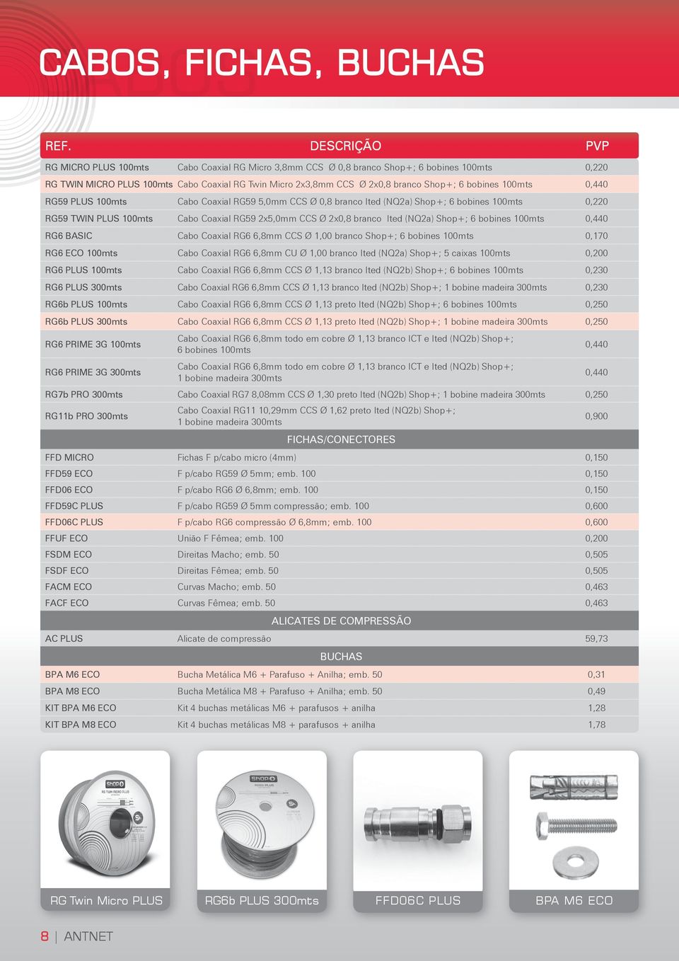 Ited (NQ2a) Shop+; 6 bobines 100mts 0,440 RG6 BASIC Cabo Coaxial RG6 6,8mm CCS Ø 1,00 branco Shop+; 6 bobines 100mts 0,170 RG6 ECO 100mts Cabo Coaxial RG6 6,8mm CU Ø 1,00 branco Ited (NQ2a) Shop+; 5