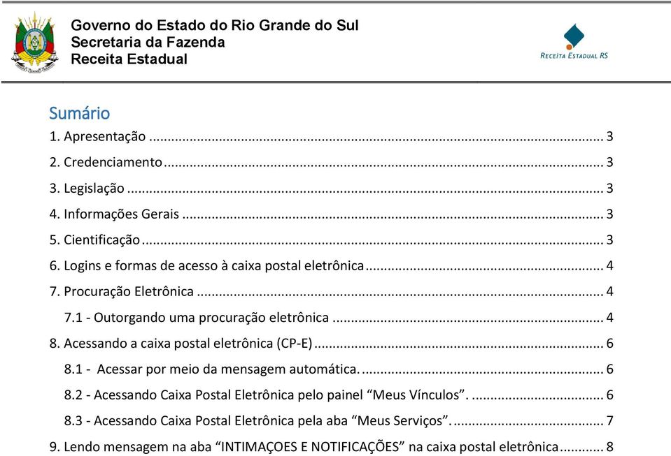 Acessando a caixa postal eletrônica (CP-E)... 6 8.1 - Acessar por meio da mensagem automática.... 6 8.2 - Acessando Caixa Postal Eletrônica pelo painel Meus Vínculos.