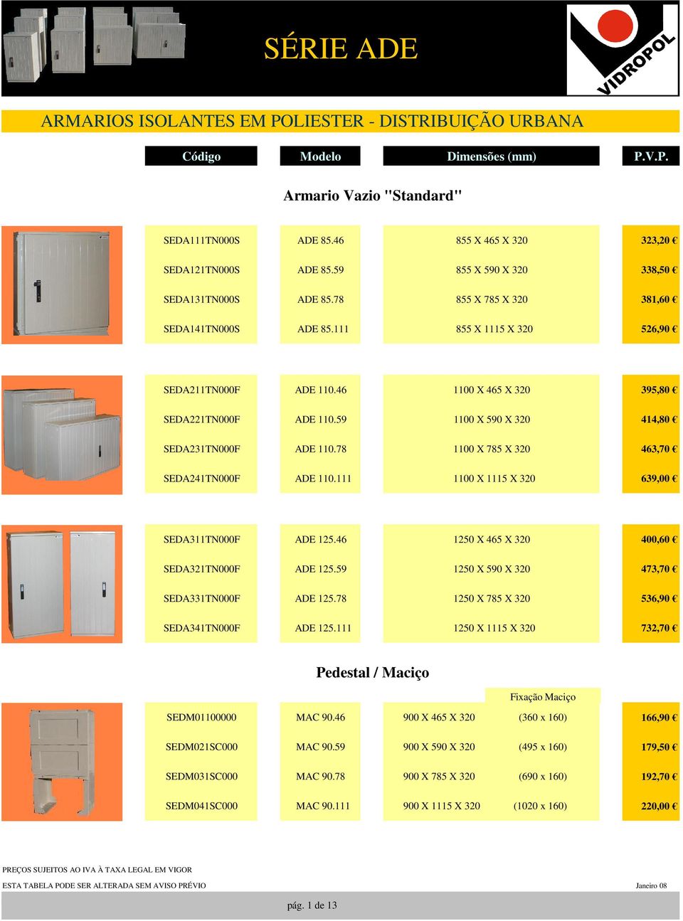 59 1100 X 590 X 320 414,80 SEDA231TN000F ADE 110.78 1100 X 785 X 320 463,70 SEDA241TN000F ADE 110.111 1100 X 1115 X 320 639,00 SEDA311TN000F ADE 125.46 1250 X 465 X 320 400,60 SEDA321TN000F ADE 125.