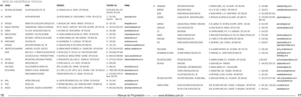 br CE FORTALEZA PEREIRA COM. DE BICICLETAS E SERVIÇOS LTDA R: ANA BILHAR, 1680 - VARJOTA - MEIRELES - CEP 60160-110 85-3267.7425 bikesgiba@oi.com.