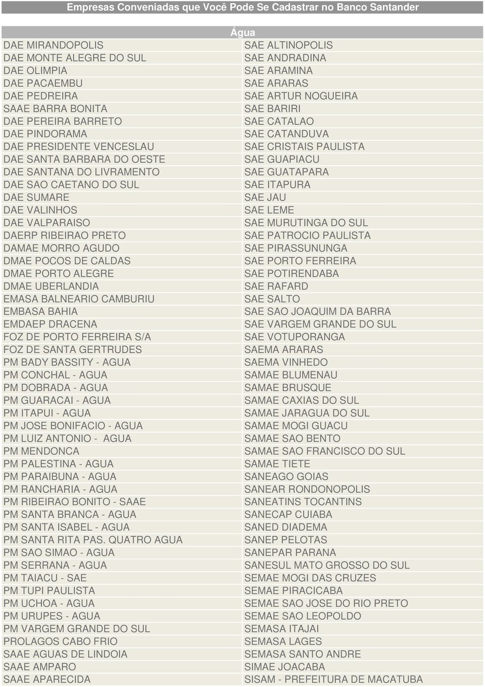 DMAE PORTO ALEGRE DMAE UBERLANDIA EMASA BALNEARIO CAMBURIU EMBASA BAHIA EMDAEP DRACENA FOZ DE PORTO FERREIRA S/A FOZ DE SANTA GERTRUDES PM BADY BASSITY - AGUA PM CONCHAL - AGUA PM DOBRADA - AGUA PM