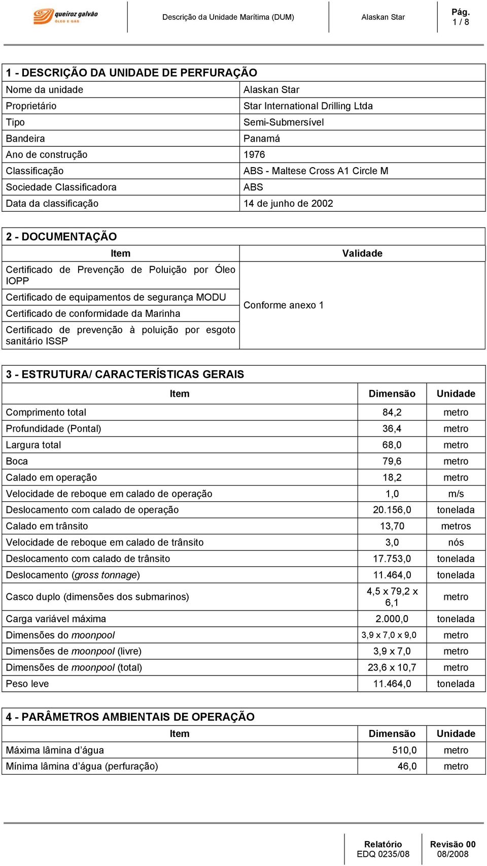 Cross A1 Circle M Sociedade Classificadora ABS Data da classificação 14 de junho de 2002 2 - DOCUMENTAÇÃO Item Certificado de Prevenção de Poluição por Óleo IOPP Certificado de equipamentos de