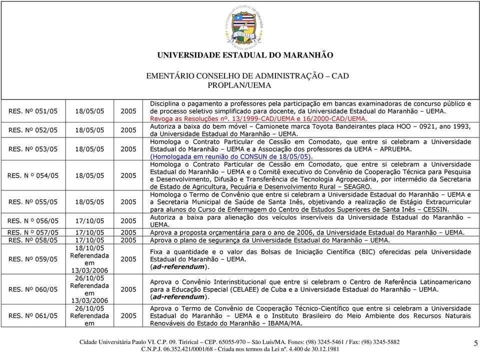 Nº 053/05 18/05/05 2005 Homologa o Contrato Particular de Cessão Comodato, que entre si celebram a Universidade Estadual do Maranhão UEMA e a Associação dos professores da UEMA APRUEMA.