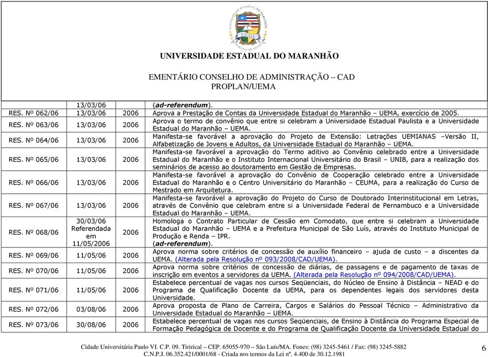 Nº 065/06 13/03/06 2006 Manifesta-se favorável a aprovação do Termo aditivo ao Convênio celebrado entre a Universidade Estadual do Maranhão e o Instituto Internacional Universitário do Brasil UNIB,