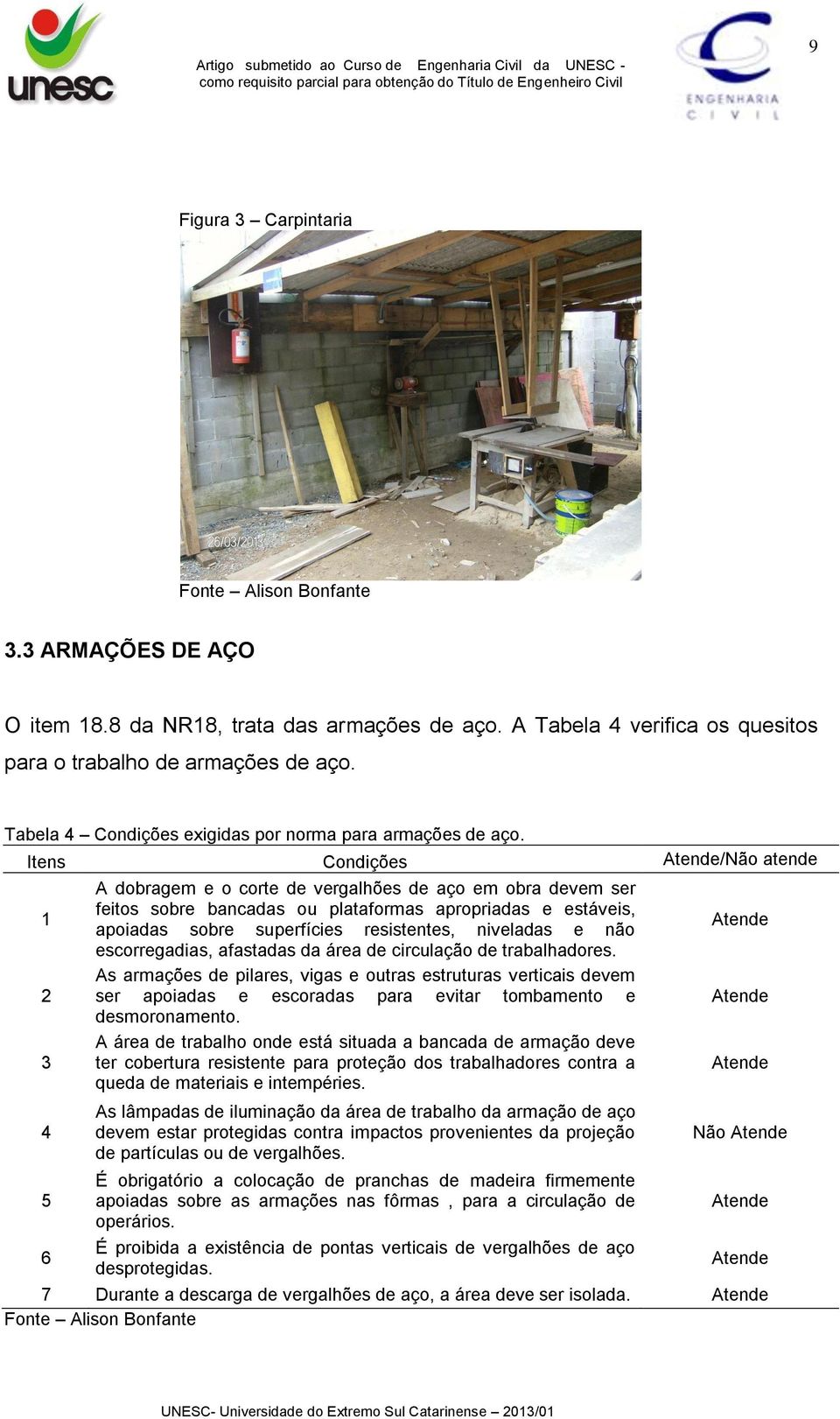 Itens Condições /Não atende 1 2 3 4 5 6 A dobragem e o corte de vergalhões de aço em obra devem ser feitos sobre bancadas ou plataformas apropriadas e estáveis, apoiadas sobre superfícies