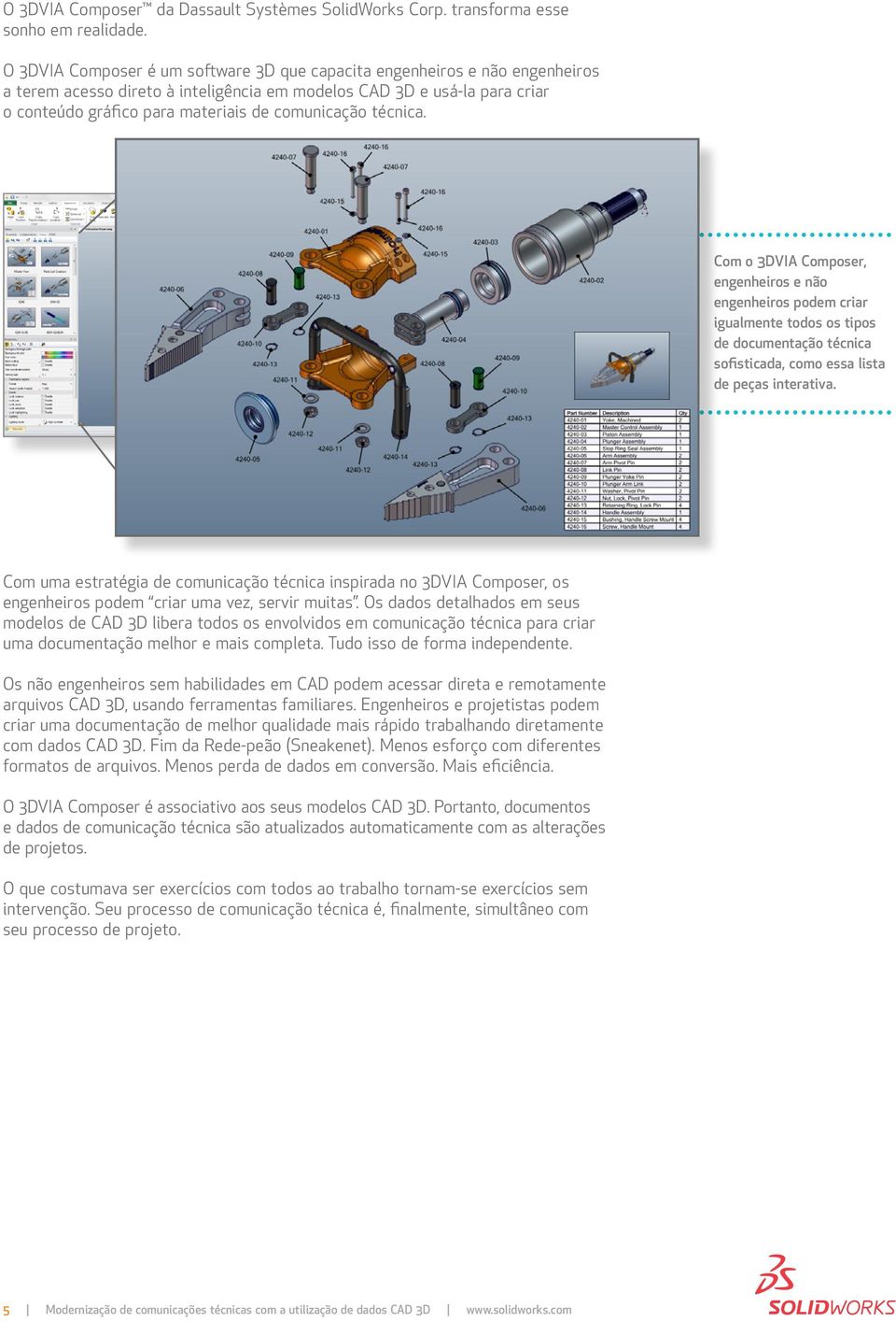 comunicação técnica. Com o 3DVIA Composer, engenheiros e não engenheiros podem criar igualmente todos os tipos de documentação técnica sofisticada, como essa lista de peças interativa.