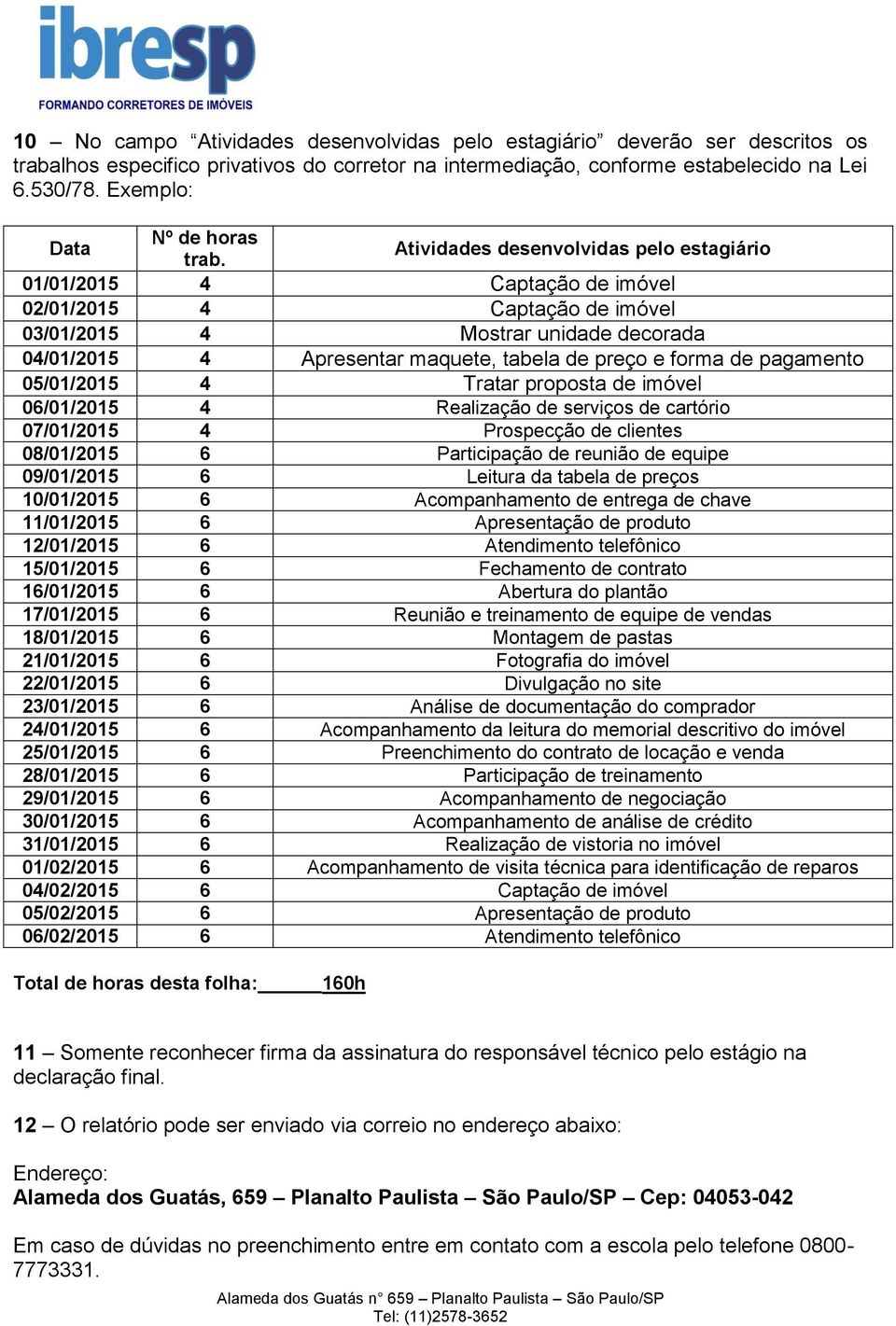 Atividades desenvolvidas pelo estagiário 01/01/2015 4 Captação de imóvel 02/01/2015 4 Captação de imóvel 03/01/2015 4 Mostrar unidade decorada 04/01/2015 4 Apresentar maquete, tabela de preço e forma