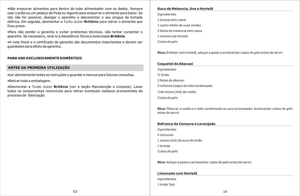 Para não perder a garantia e evitar problemas técnicos, não tentar consertar o aparelho. Se necessário, levá-lo à Assistência Técnica Autorizada Britânia.