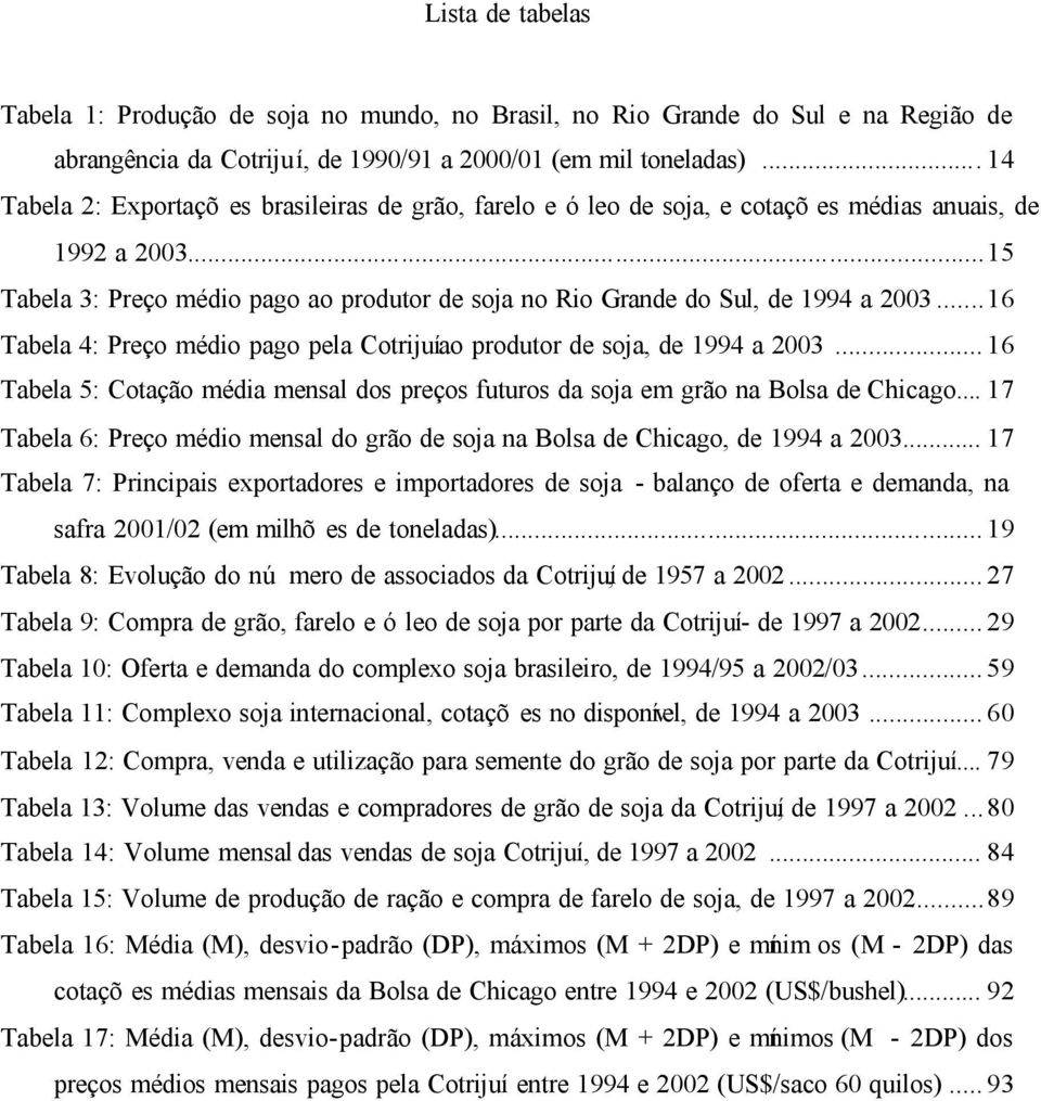 ..15 Tabela 3: Preço médio pago ao produtor de soja no Rio Grande do Sul, de 1994 a 2003...16 Tabela 4: Preço médio pago pela Cotrijuíao produtor de soja, de 1994 a 2003.