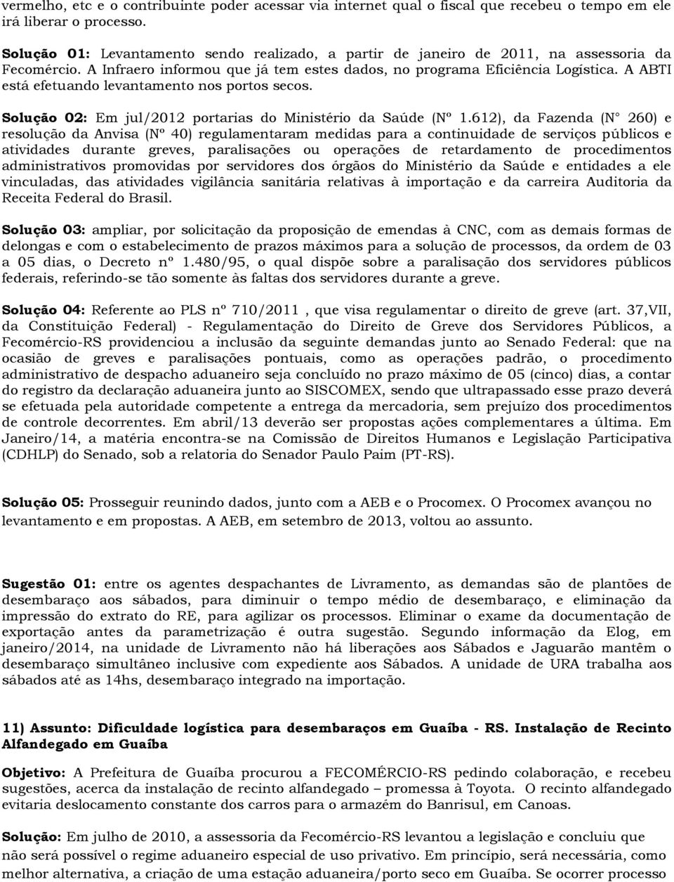 A ABTI está efetuando levantamento nos portos secos. Solução 02: Em jul/2012 portarias do Ministério da Saúde (Nº 1.