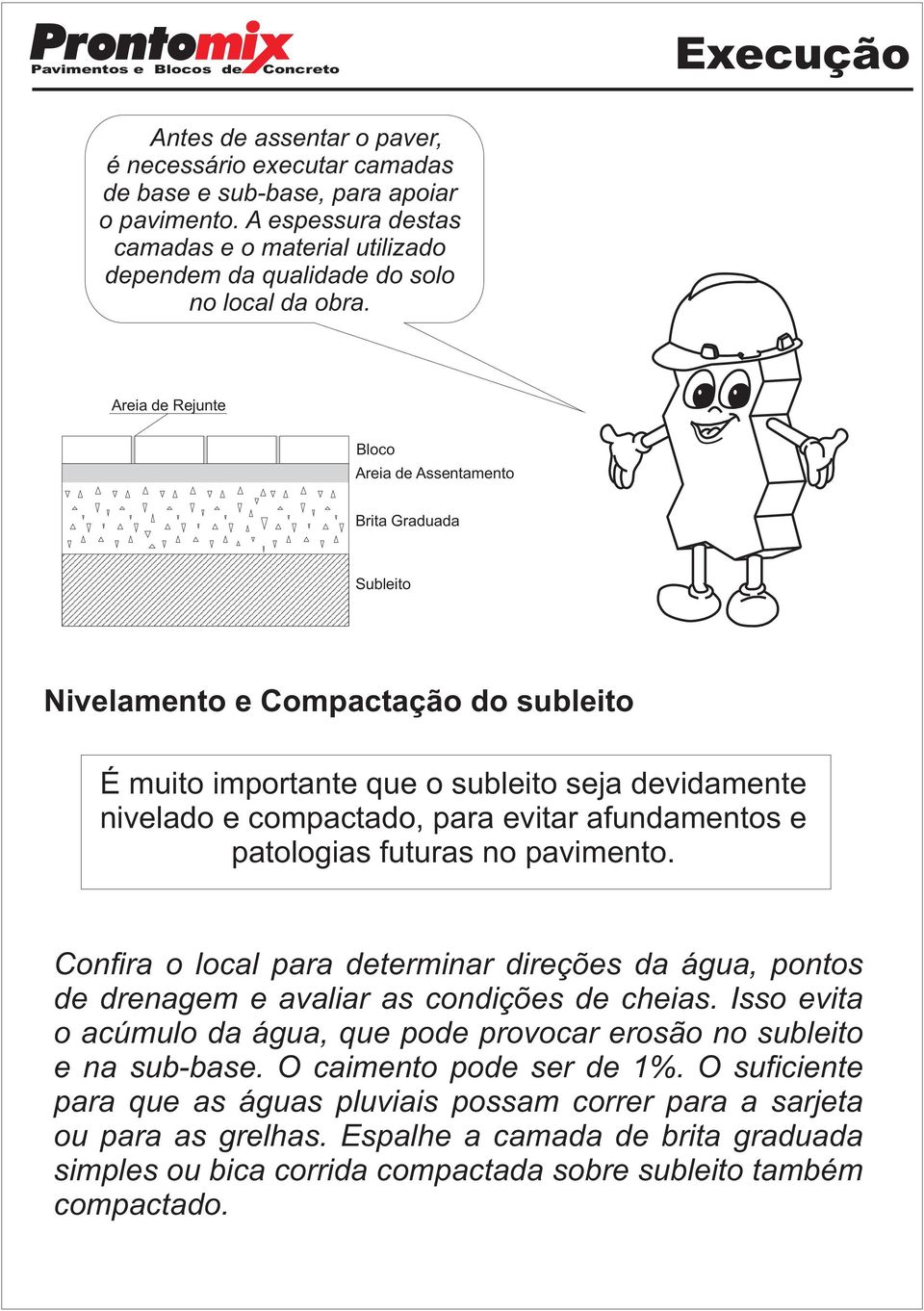 Areia de Rejunte Bloco Areia de Assentamento Brita Graduada Subleito Nivelamento e Compactação do subleito É muito importante que o subleito seja devidamente nivelado e compactado, para evitar