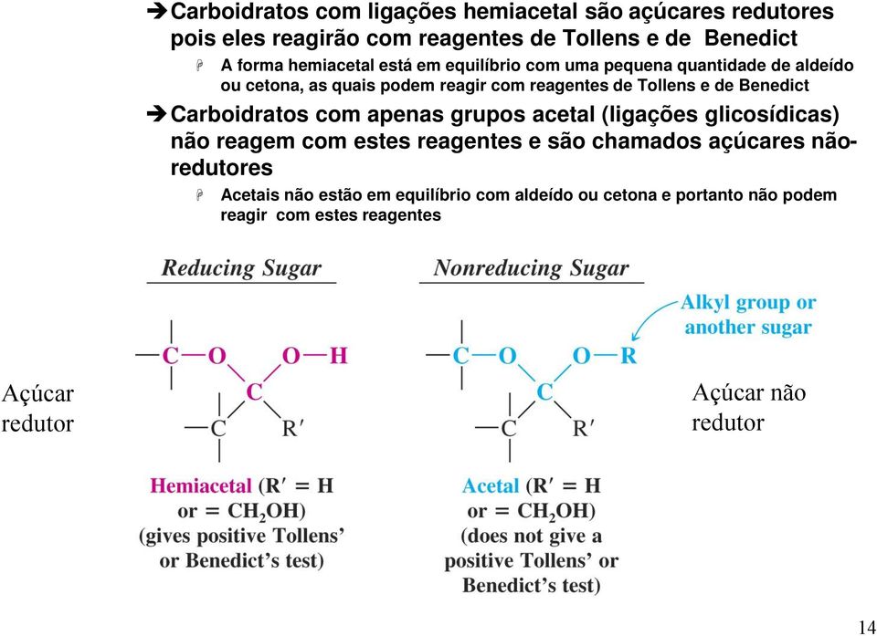 Benedict Carboidratos com apenas grupos acetal (ligações glicosídicas) não reagem com estes reagentes e são chamados açúcares