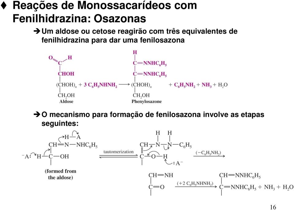 fenilhidrazina para dar uma fenilosazona O mecanismo
