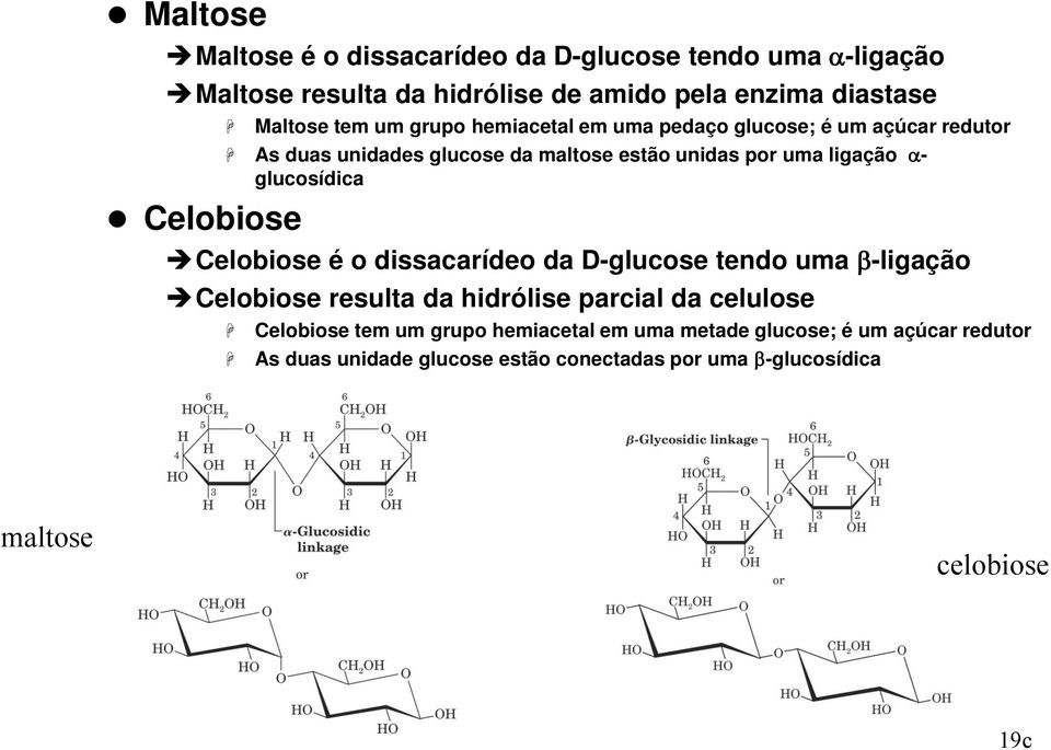 a- glucosídica Celobiose é o dissacarídeo da D-glucose tendo uma b-ligação Celobiose resulta da hidrólise parcial da celulose Celobiose tem