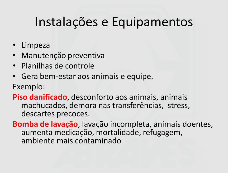 Exemplo: Piso danificado, desconforto aos animais, animais machucados, demora nas