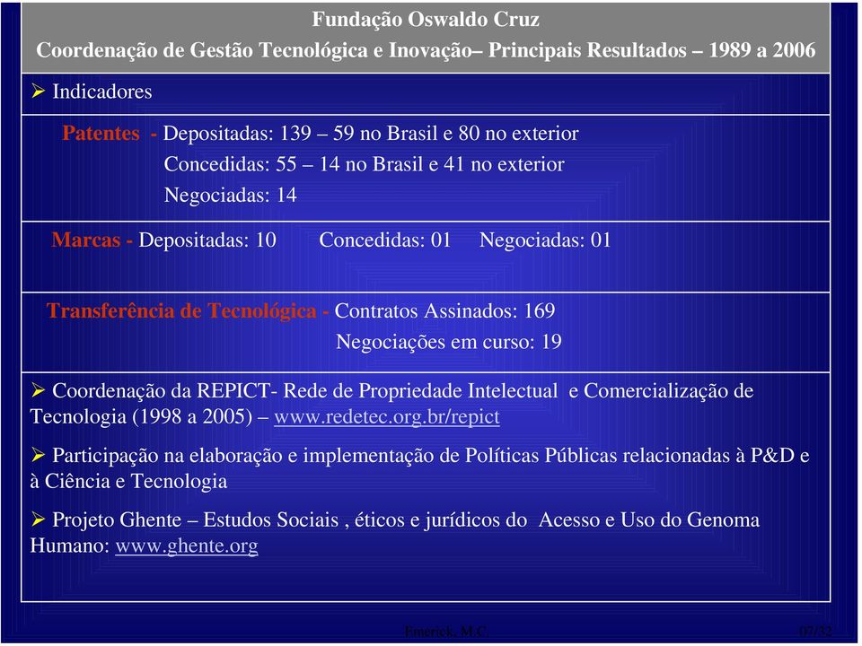 Negociações em curso: 19 Coordenação da REPICT- Rede de Propriedade Intelectual e Comercialização de Tecnologia (1998 a 2005) www.redetec.org.