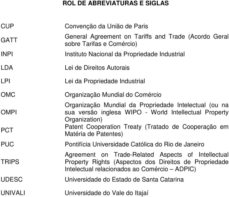 inglesa WIPO - World Intellectual Property Organization) Patent Cooperation Treaty (Tratado de Cooperação em Matéria de Patentes) Pontifícia Universidade Católica do Rio de Janeiro Agreement on