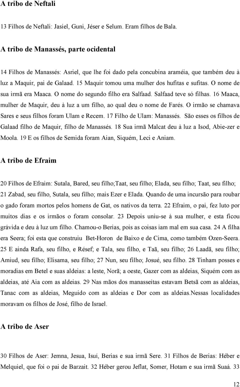 15 Maquir tomou uma mulher dos hufitas e sufitas. O nome de sua irmã era Maaca. O nome do segundo filho era Salfaad. Salfaad teve só filhas.