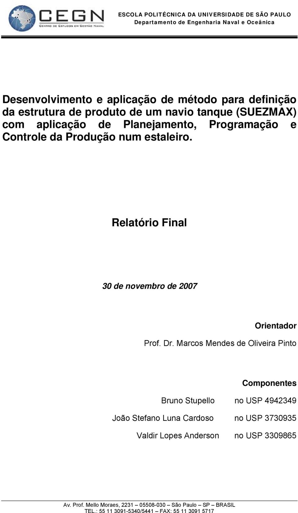 Relatório Final 30 de novembro de 2007 Orientador Prof. Dr.