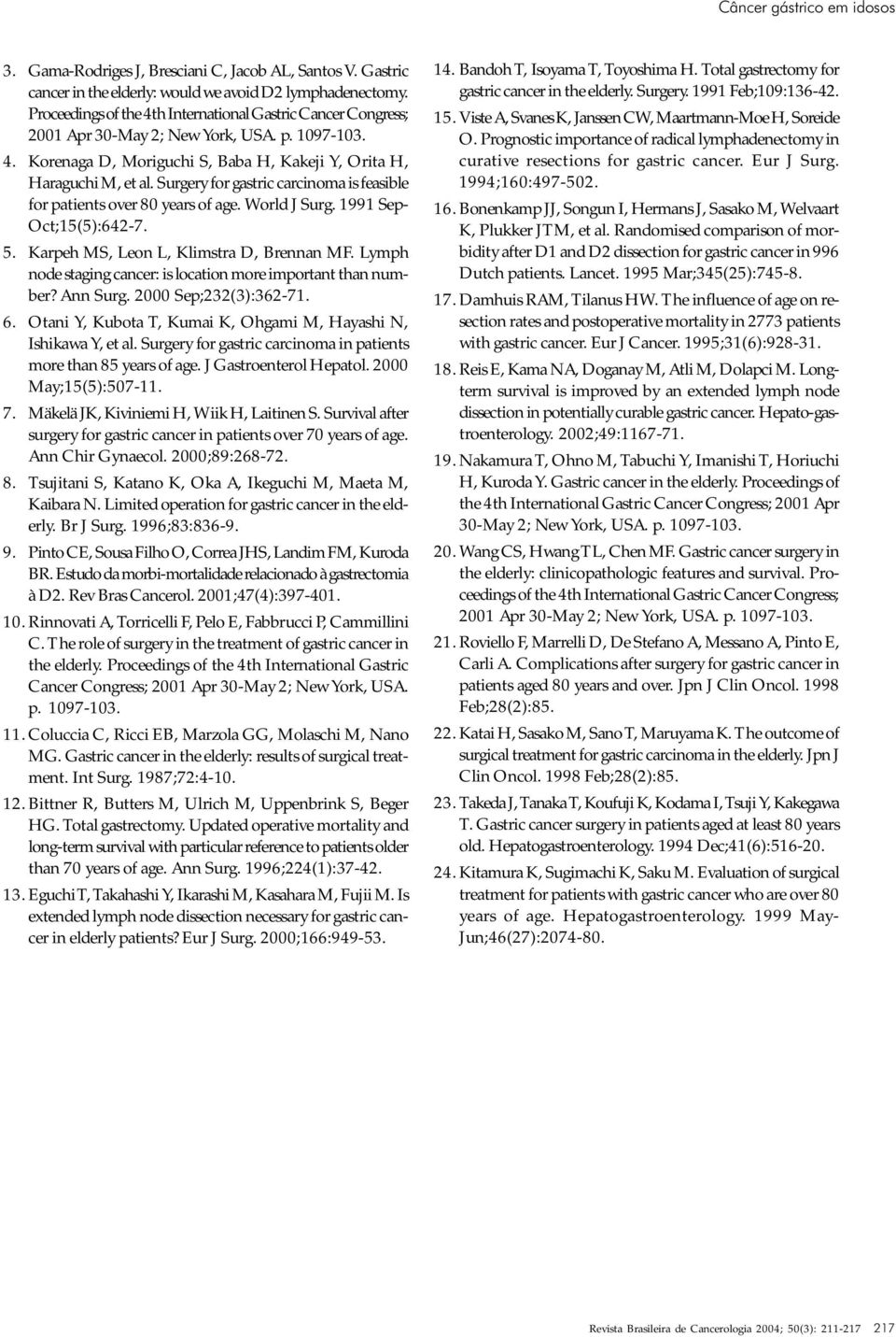 Surgery for gastric carcinoma is feasible for patients over 80 years of age. World J Surg. 1991 Sep- Oct;15(5):642-7. 5. Karpeh MS, Leon L, Klimstra D, Brennan MF.