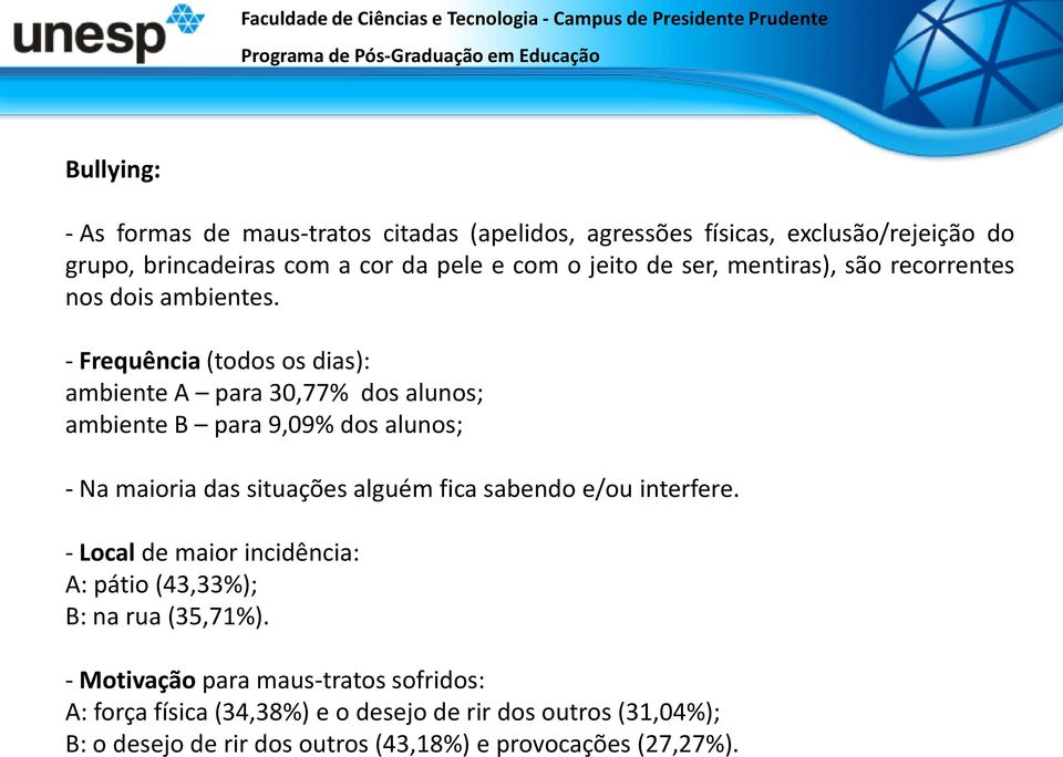 - Frequência (todos os dias): ambiente A para 30,77% dos alunos; ambiente B para 9,09% dos alunos; - Na maioria das situações alguém fica sabendo