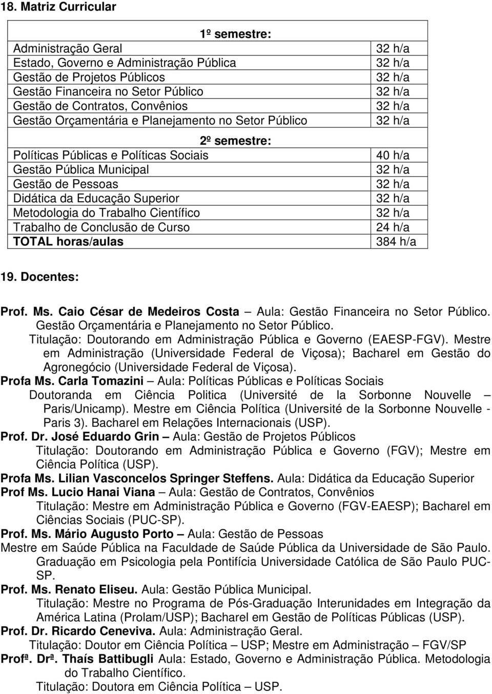 Científico Trabalho de Conclusão de Curso TOTAL horas/aulas 40 h/a 24 h/a 384 h/a 19. Docentes: Prof. Ms. Caio César de Medeiros Costa Aula: Gestão Financeira no Setor Público.