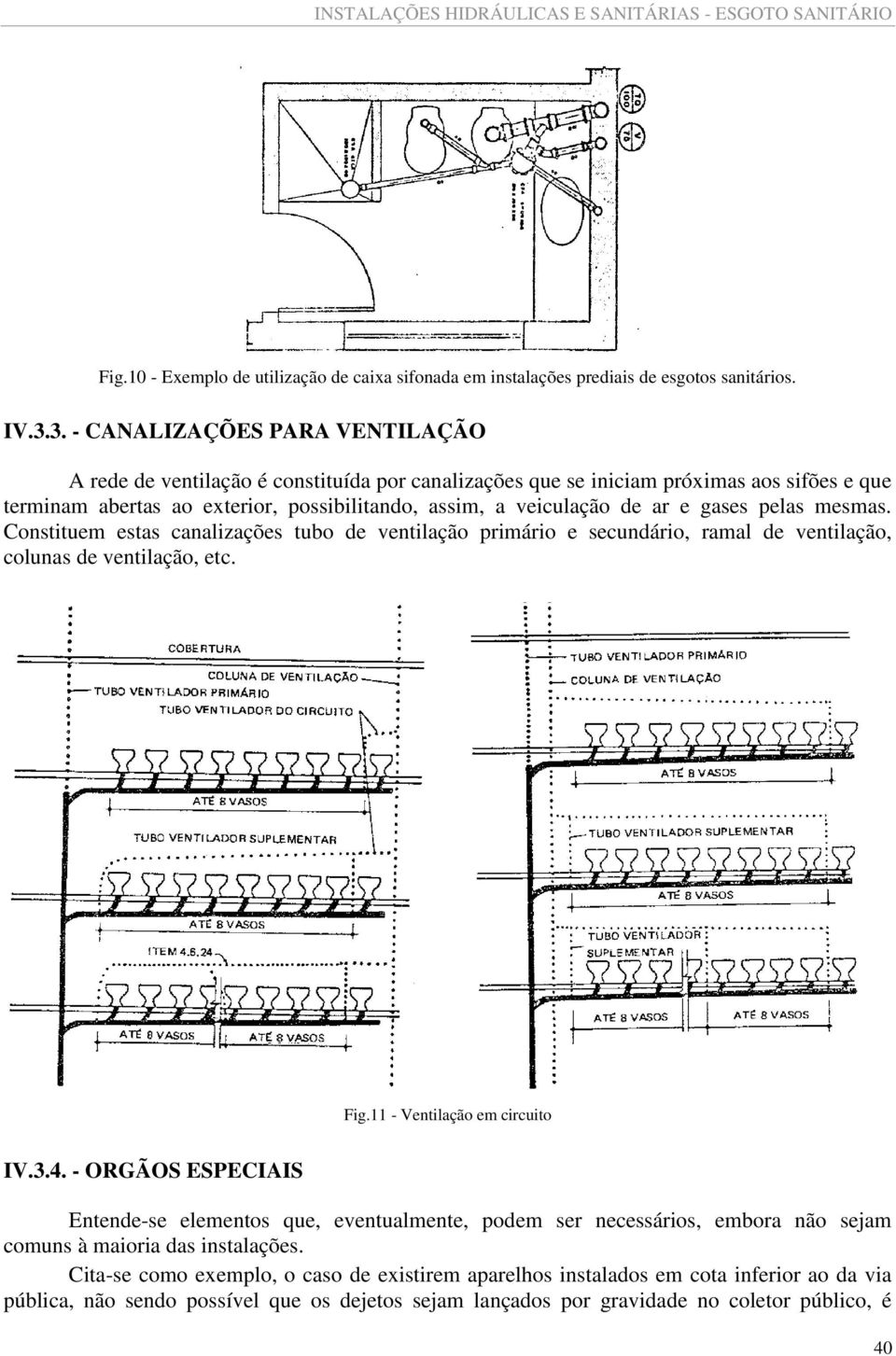 e gases pelas mesmas. Constituem estas canalizações tubo de ventilação primário e secundário, ramal de ventilação, colunas de ventilação, etc. Fig.11 - Ventilação em circuito IV.3.4.