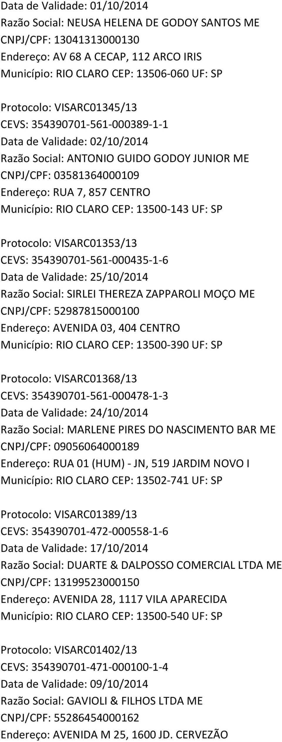 Protocolo: VISARC01353/13 CEVS: 354390701-561-000435-1-6 Data de Validade: 25/10/2014 Razão Social: SIRLEI THEREZA ZAPPAROLI MOÇO ME CNPJ/CPF: 52987815000100 Endereço: AVENIDA 03, 404 CENTRO