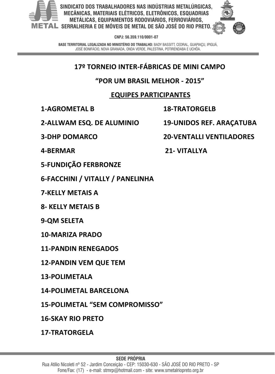 ARAÇATUBA 3-DHP DOMARCO 20-VENTALLI VENTILADORES 4-BERMAR 21- VITALLYA 5-FUNDIÇÃO FERBRONZE 6-FACCHINI / VITALLY /