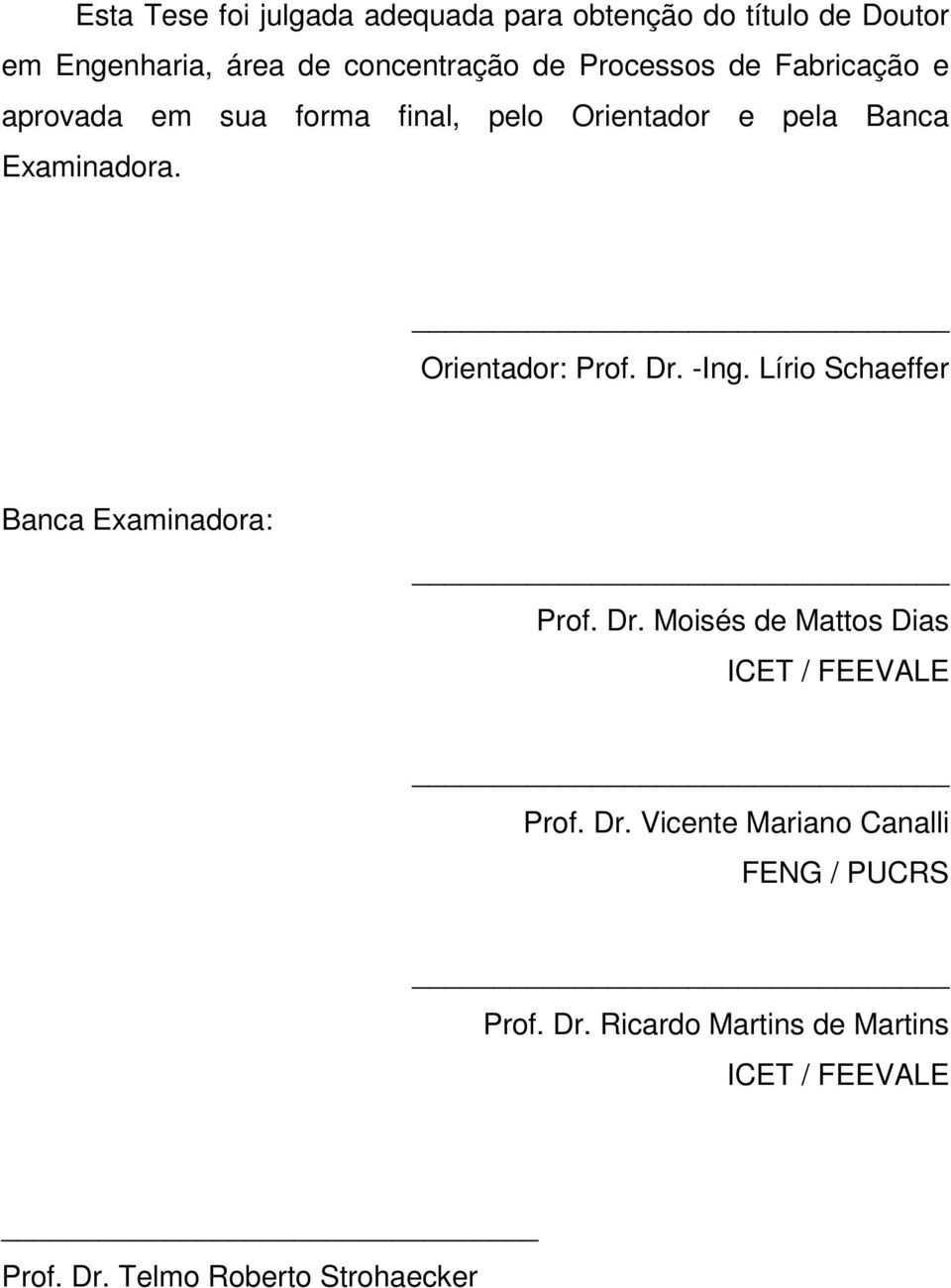 Orientador: Prof. Dr. -Ing. Lírio Schaeffer Banca Examinadora: Prof. Dr. Moisés de Mattos Dias ICET / FEEVALE Prof.