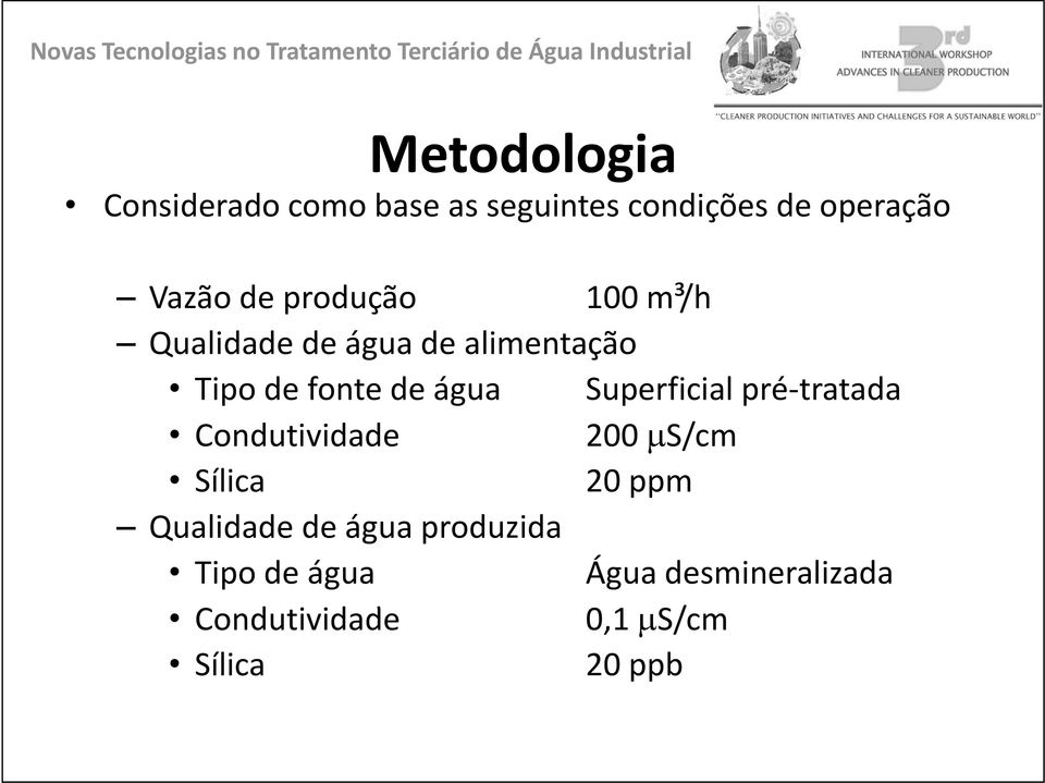 Superficial pré tratada Condutividade 200 μs/cm Sílica 20 ppm Qualidade de água