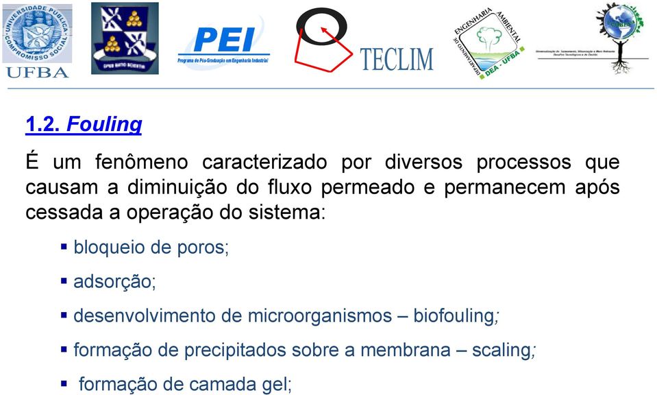 sistema: bloqueio de poros; adsorção; desenvolvimento de microorganismos