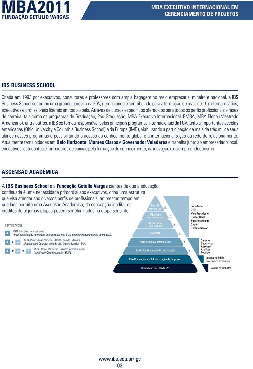 Através de cursos específicos oferecidos para todos os perfis profissionais e fases de carreira, tais como os programas de Graduação, Pós-Graduação, MBA Executivo Internacional, PMBA, MBA Pleno