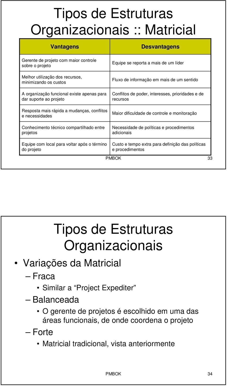 Equipe com local para voltar após o término do projeto Fluxo de informação em mais de um sentido Conflitos de poder, interesses, prioridades e de recursos Maior dificuldade de controle e monitoração