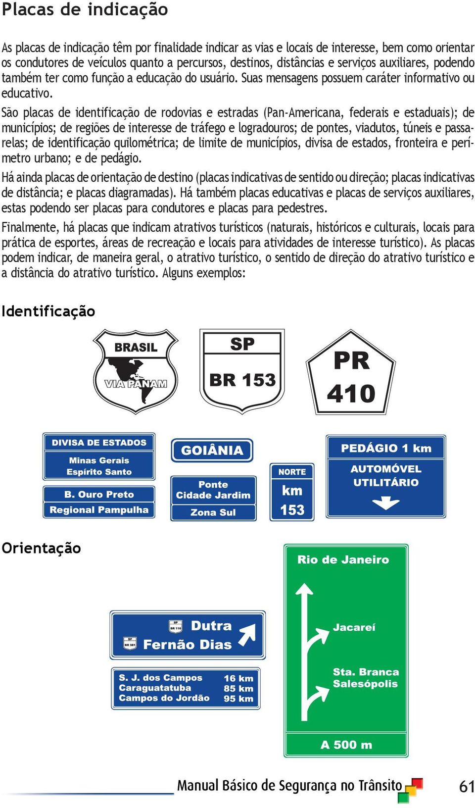 São placas de identificação de rodovias e estradas (Pan-Americana, federais e estaduais); de municípios; de regiões de interesse de tráfego e logradouros; de pontes, viadutos, túneis e passarelas; de