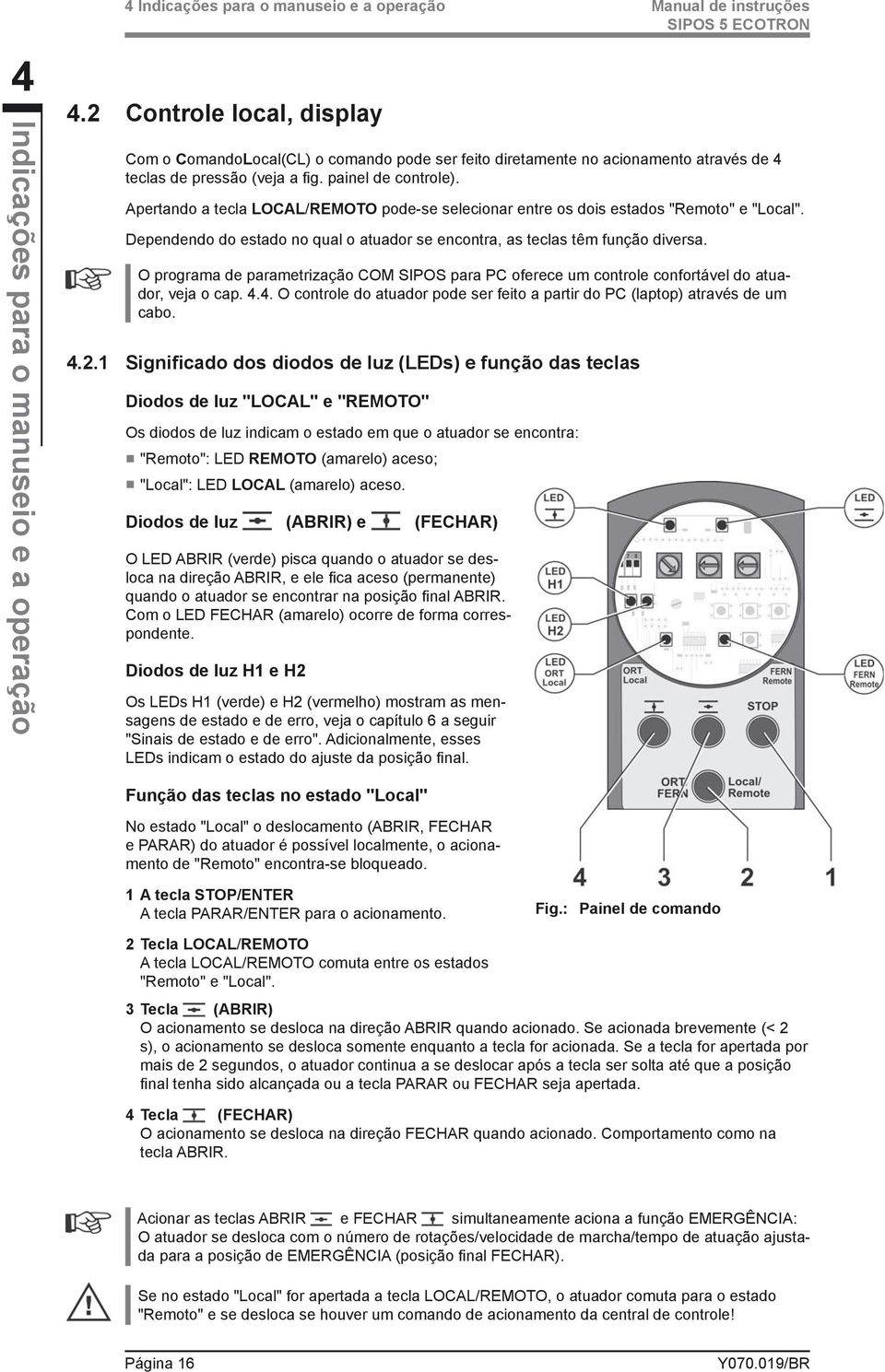 Apertando a tecla LOCAL/REMOTO pode-se selecionar entre os dois estados "Remoto" e "Local". Dependendo do estado no qual o atuador se encontra, as teclas têm função diversa.