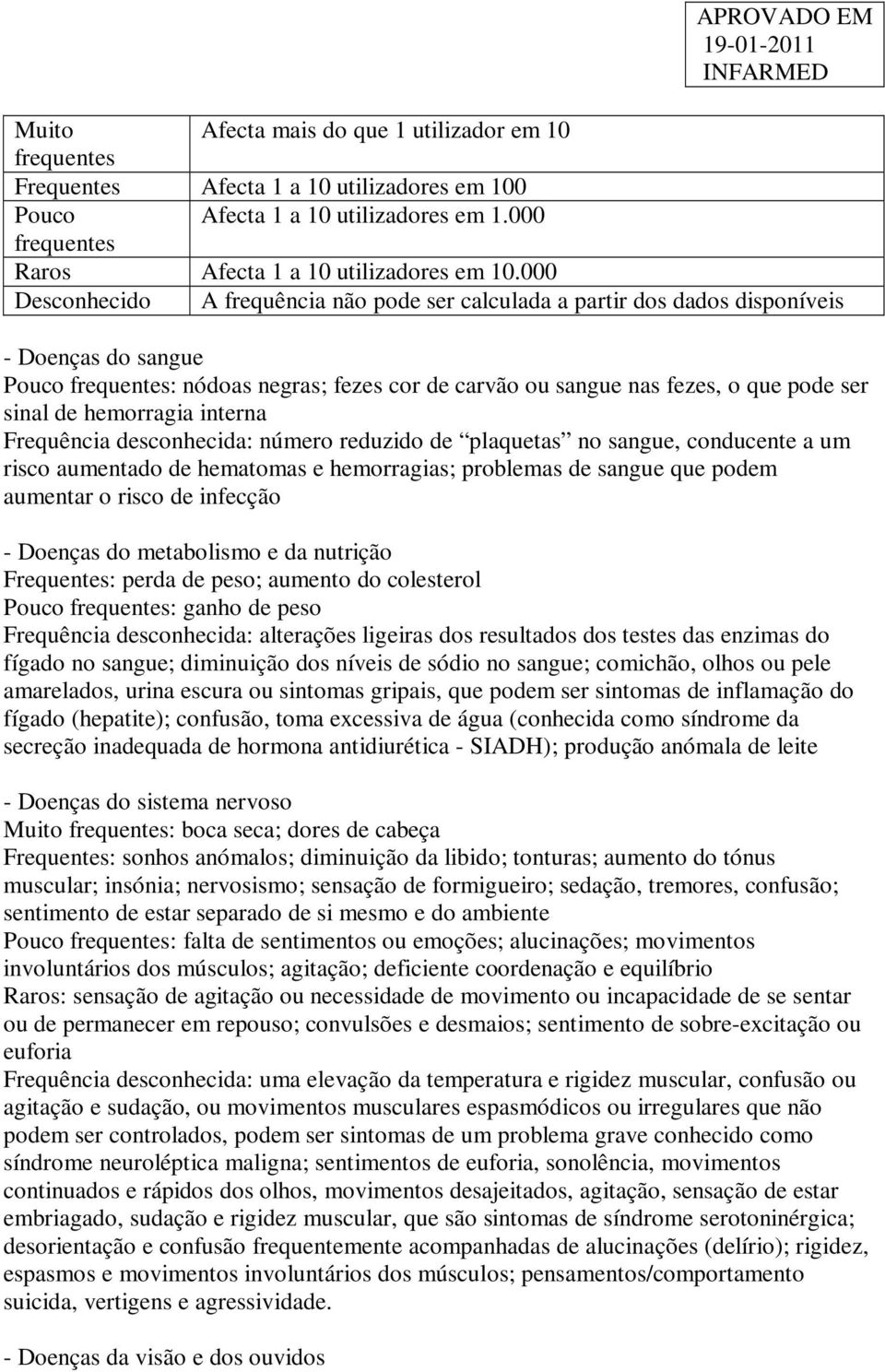 de hemorragia interna Frequência desconhecida: número reduzido de plaquetas no sangue, conducente a um risco aumentado de hematomas e hemorragias; problemas de sangue que podem aumentar o risco de